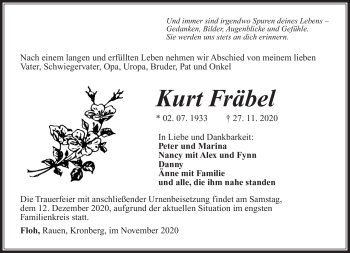 Traueranzeige von Kurt Fräbel von Südthüringer Presse