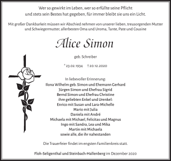 Traueranzeige von Alice Simon von Südthüringer Presse