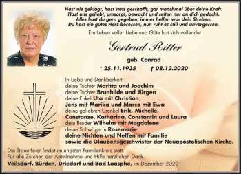 Traueranzeige von Gertrud Ritter von Südthüringer Presse