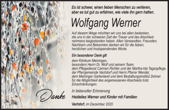 Traueranzeige von Wolfgang Werner von Südthüringer Presse