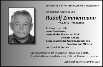 Traueranzeige von Rudolf Zimmermann von Südthüringer Presse