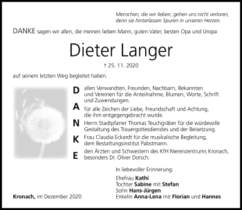 Traueranzeige von Dieter Lange von Neue Presse Coburg