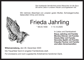 Traueranzeige von Frieda Jahrling von Neue Presse Coburg