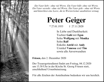 Traueranzeige von Peter Geiger von Neue Presse Coburg