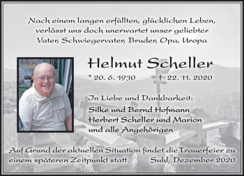 Traueranzeige von Helmut Scheller von Südthüringer Presse