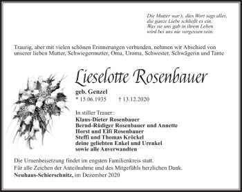 Traueranzeige von Lieselotte Rosenbauer von Südthüringer Presse