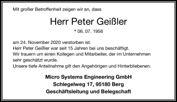 Traueranzeige von Peter Geißler von Frankenpost