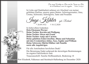 Traueranzeige von Inge Köhler von Südthüringer Presse