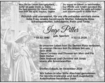 Traueranzeige von Inge Piller von Neue Presse Coburg