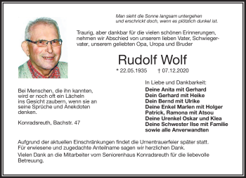 Traueranzeige von Rudolf Wolf von Frankenpost
