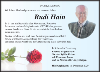 Traueranzeige von Rudi Hain von Südthüringer Presse