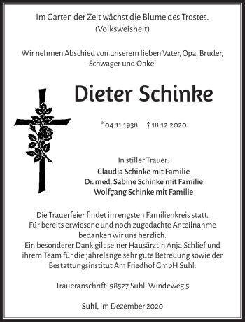 Traueranzeige von Dieter Schinke von Südthüringer Presse