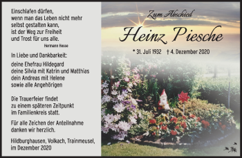 Traueranzeige von Heinz Piesche von Südthüringer Presse