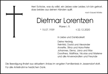 Traueranzeige von Dietmar Lorentzen von Neue Presse Coburg