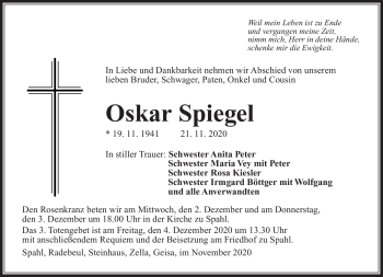 Traueranzeige von Oskar Spiegel von Südthüringer Presse