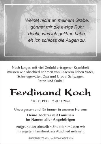 Traueranzeige von Ferdinand Koch von Südthüringer Presse