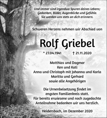 Traueranzeige von Rolf Griebel von Südthüringer Presse