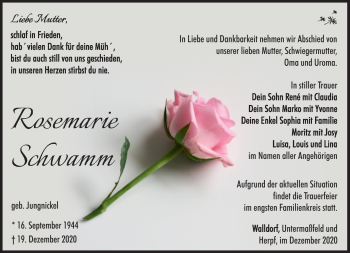 Traueranzeige von Rosemarie Schwamm von Südthüringer Presse