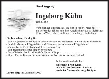 Traueranzeige von Ingeborg Kühn von Südthüringer Presse