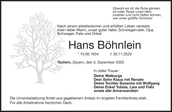 Traueranzeige von Hans Böhnlein von Neue Presse Coburg