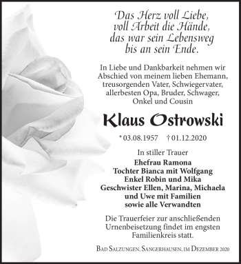 Traueranzeige von Klaus Ostrowski von Südthüringer Presse
