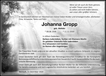 Traueranzeige von Johanna Gropp von Südthüringer Presse