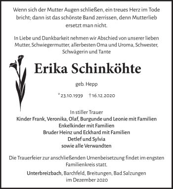 Traueranzeige von Erika Schinköhte von Südthüringer Presse