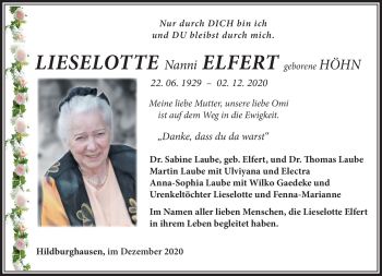 Traueranzeige von Lieselotte Elfert von Südthüringer Presse