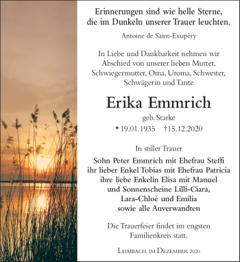 Traueranzeige von Erika Emmrich von Südthüringer Presse
