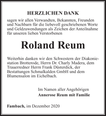 Traueranzeige von Roland Reum von Südthüringer Presse