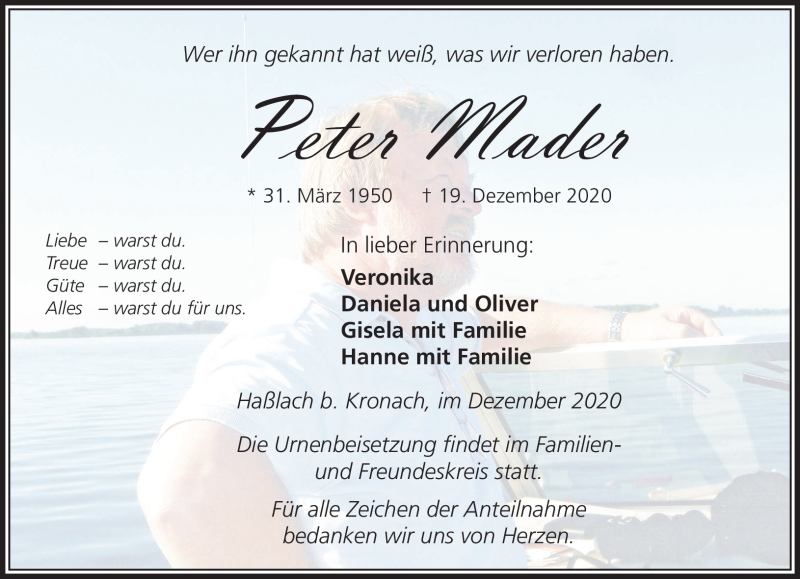  Traueranzeige für Peter Mader vom 23.12.2020 aus Neue Presse Coburg