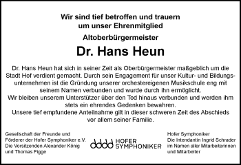 Traueranzeige von Hans Heun von Frankenpost