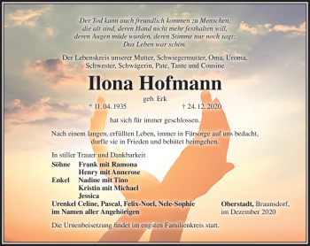Traueranzeige von Ilona Hofmann von Südthüringer Presse