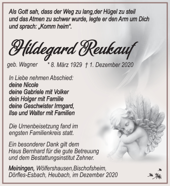 Traueranzeige von Hildegard Reukauf von Südthüringer Presse