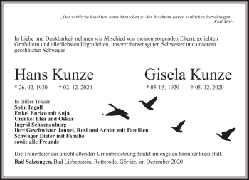 Traueranzeige von Gisela Kunze von Südthüringer Presse
