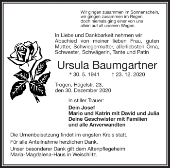 Traueranzeige von Ursula Baumgartner von Frankenpost