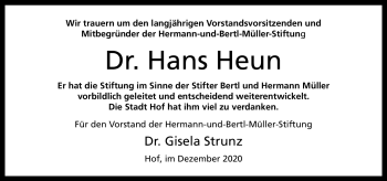 Traueranzeige von Hans Heun von Frankenpost