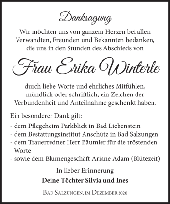 Traueranzeige von Erika Winterle von Südthüringer Presse