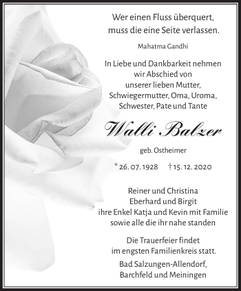 Traueranzeige von Walli Balzer von Südthüringer Presse