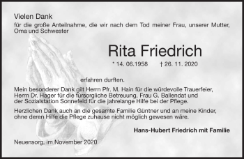 Traueranzeige von Rita Friedrich von Neue Presse Coburg