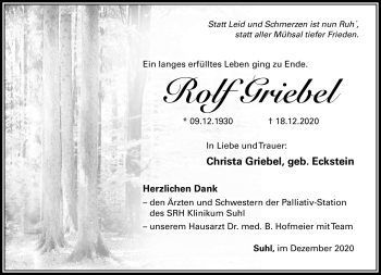 Traueranzeige von Rolf Griebel von Südthüringer Presse