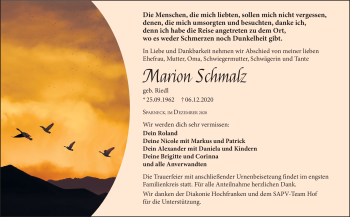 Traueranzeige von Marion Schmalz von Frankenpost