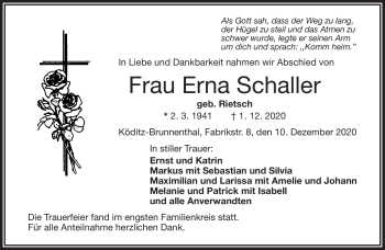 Traueranzeige von Erna Schaller von Frankenpost