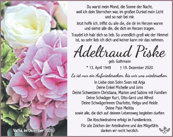 Traueranzeige von Adeltraut Piske von Südthüringer Presse