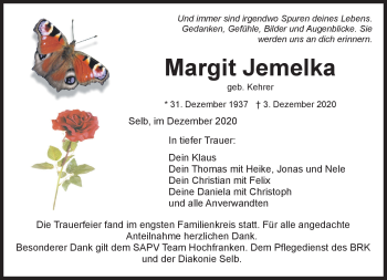 Traueranzeige von Margit Jemelka von Frankenpost