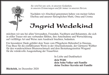 Traueranzeige von Ingrid Wedekind von Südthüringer Presse