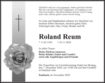 Traueranzeige von Roland Reum von Südthüringer Presse