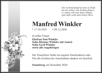 Traueranzeige von Manfred Winkler von Südthüringer Presse
