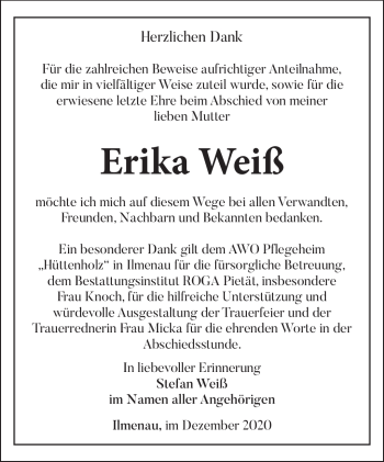 Traueranzeige von Erika Weiß von Südthüringer Presse