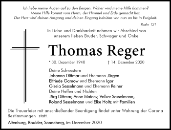 Traueranzeige von Thomas Reger von Südthüringer Presse